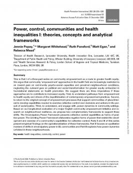 Power, control, communities and health inequalities I: Theories, concepts and analytical frameworks