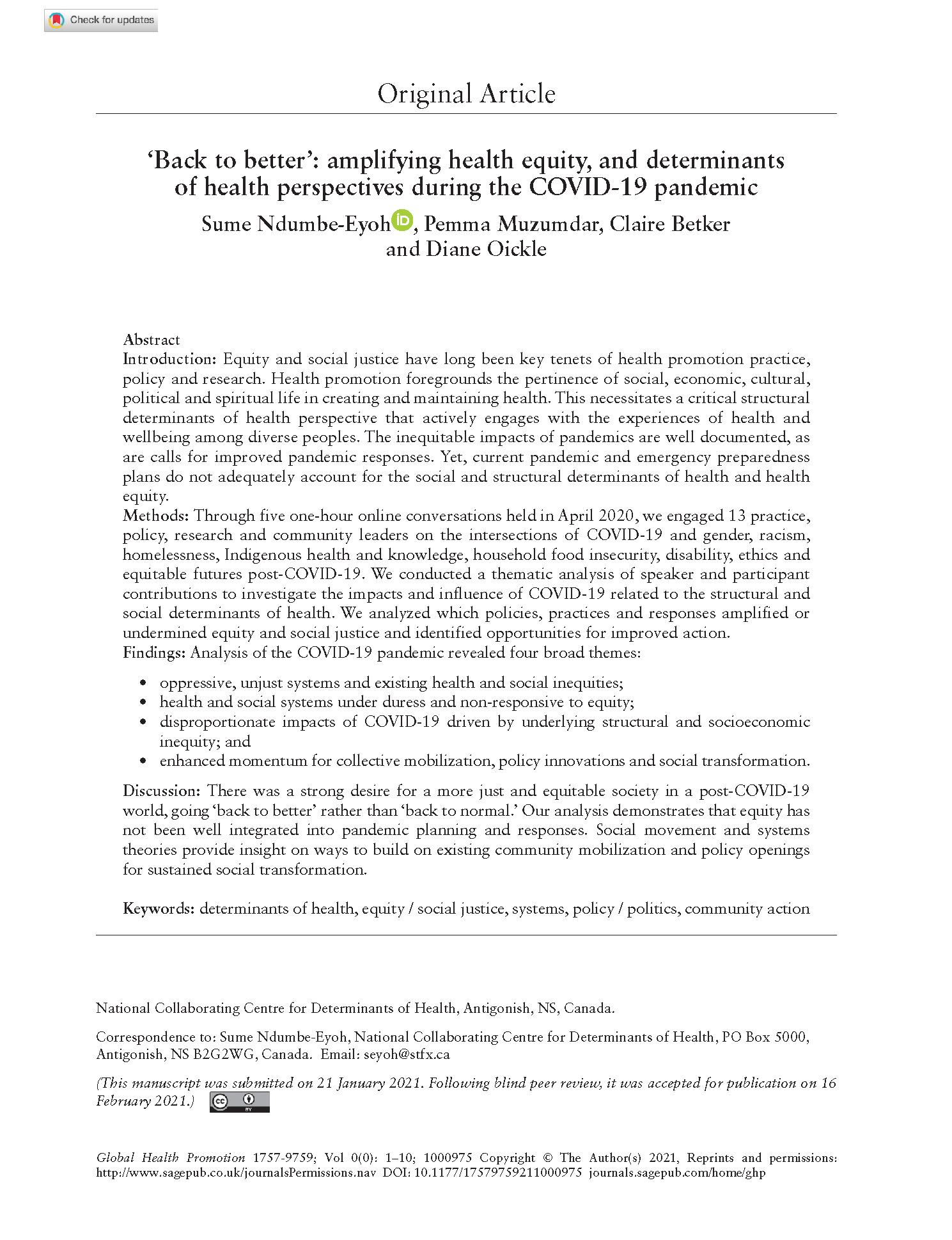 'Back to better’: Amplifying health equity, and determinants of health perspectives during the COVID-19 pandemic